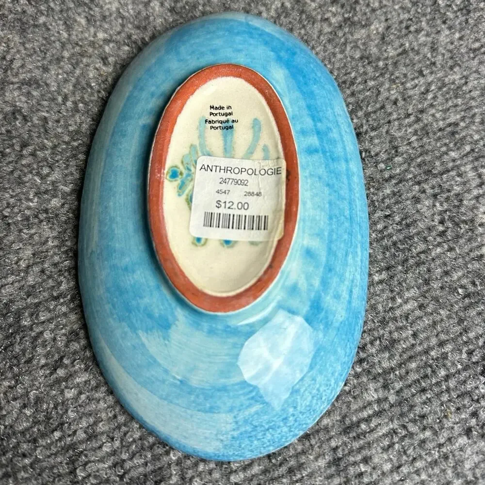 Anthropologie oval trinket dish soap dish Portugal 6.5” hand painted ikat design